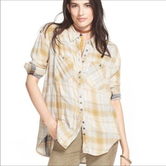 Free People Cotton Double Dip Flannel Button Down Plaid Shirt- Yellow/cream - Picture 9 of 9